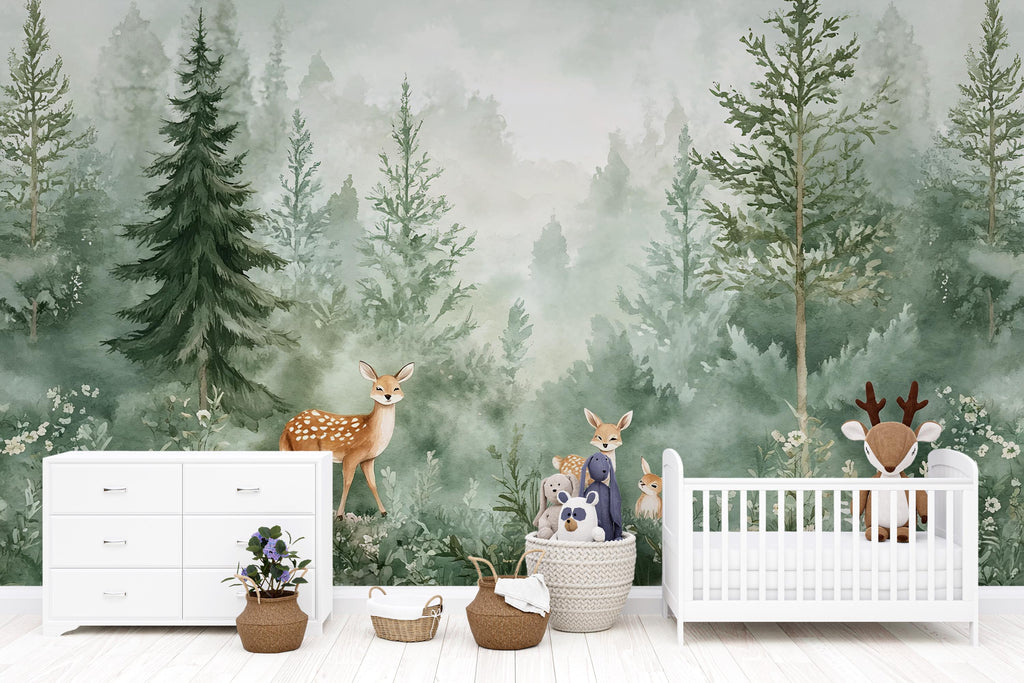 Woodland Forest Animal Wallpaper – Peel and Stick Deer Wallpaper for Nursery or Kids Room – Removable Nature Scene Wall Décor