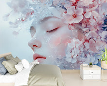 Load image into Gallery viewer, Fantasy Floral Face Wall Mural – Dreamy Portrait Wallpaper for Bedroom or Studio, Soft Pastel Bloom Face Art, Peel and Stick Large-Scale