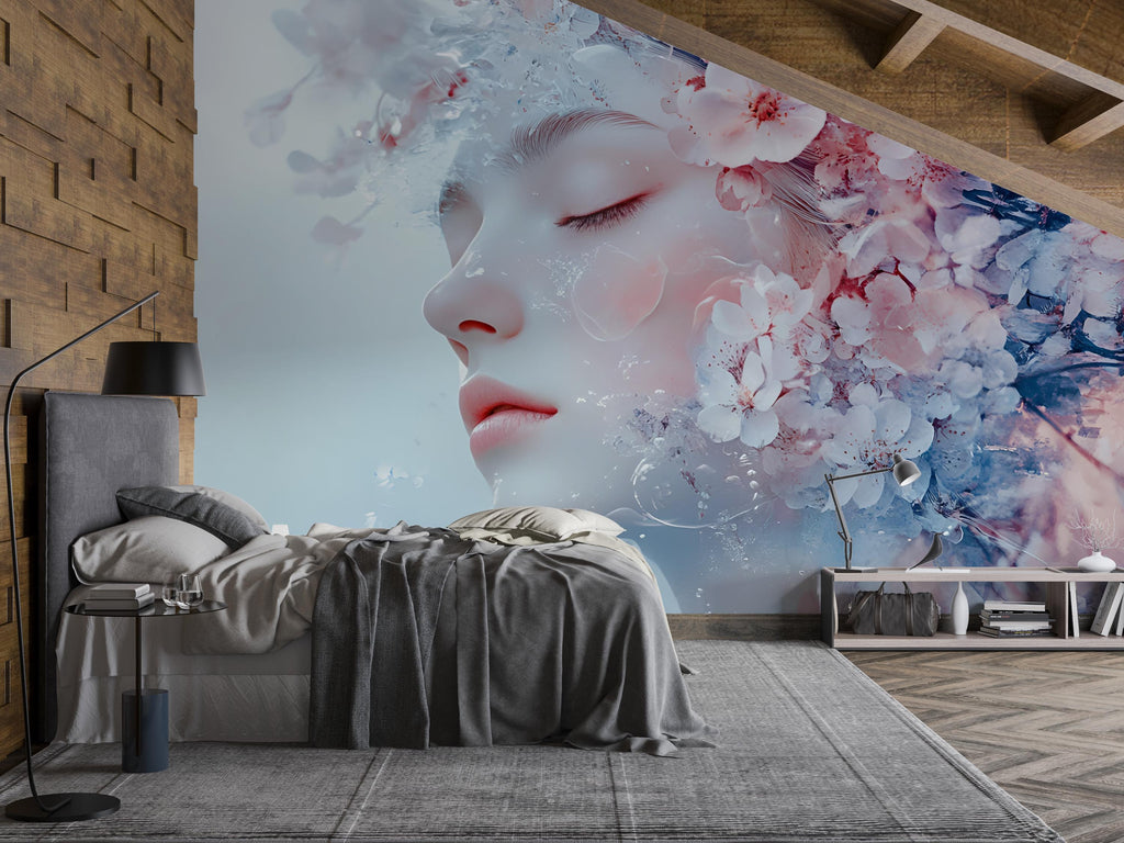 Fantasy Floral Face Wall Mural – Dreamy Portrait Wallpaper for Bedroom or Studio, Soft Pastel Bloom Face Art, Peel and Stick Large-Scale