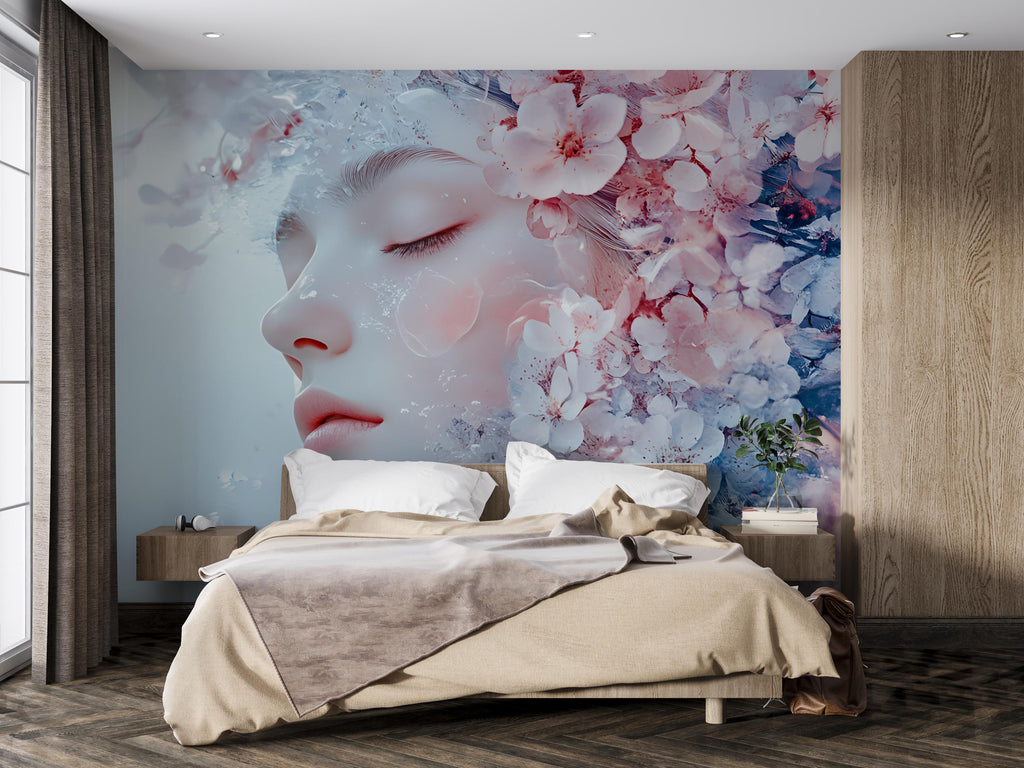 Fantasy Floral Face Wall Mural – Dreamy Portrait Wallpaper for Bedroom or Studio, Soft Pastel Bloom Face Art, Peel and Stick Large-Scale