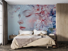 Load image into Gallery viewer, Fantasy Floral Face Wall Mural – Dreamy Portrait Wallpaper for Bedroom or Studio, Soft Pastel Bloom Face Art, Peel and Stick Large-Scale
