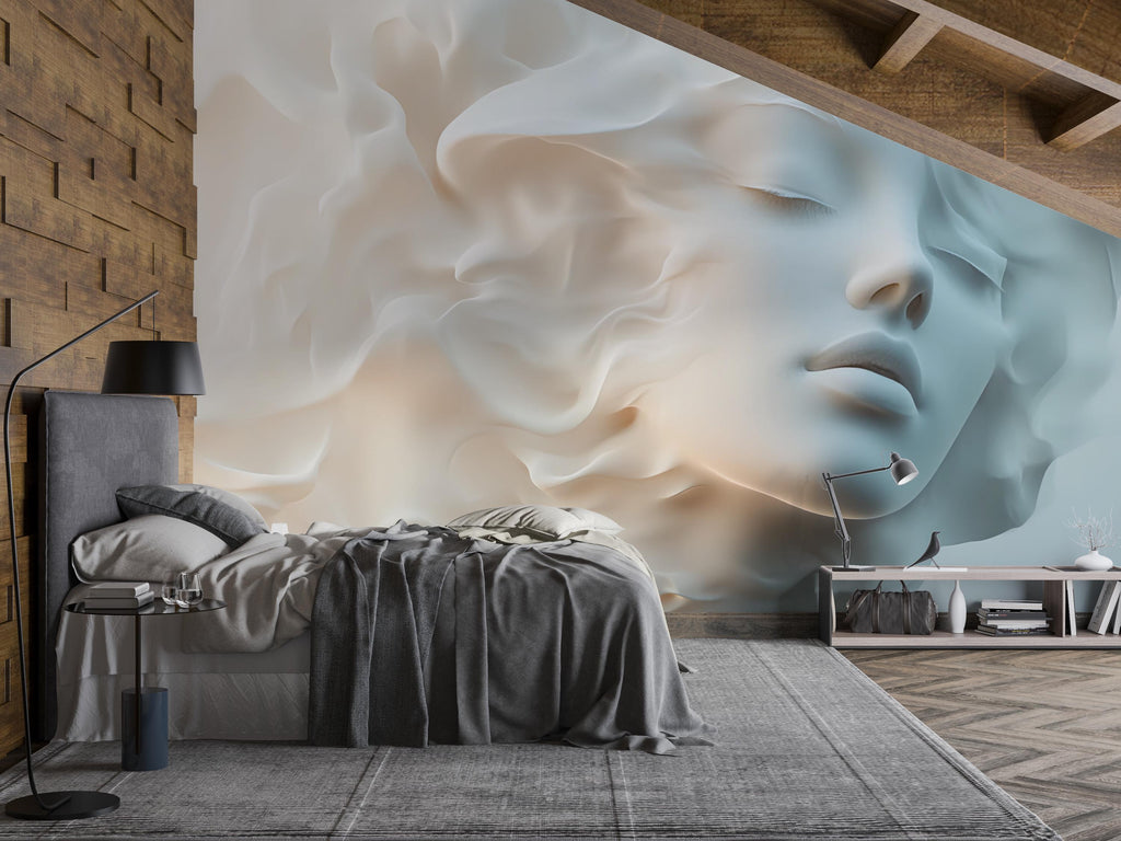 3D Dreamy Floral Face Wallpaper – Artistic Peel and Stick Portrait Wallpaper, Feminine Bedroom Decor, Bloom & Beauty Flower Mural