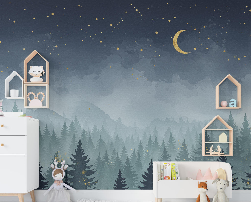 Magical Night Forest Wallpaper Watercolor Woodland Mural with Moon Stars Enchanted Forest Wall Art for Nursery Bedroom or Living Room 665RS
