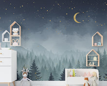 Load image into Gallery viewer, Magical Night Forest Wallpaper Watercolor Woodland Mural with Moon Stars Enchanted Forest Wall Art for Nursery Bedroom or Living Room 665RS