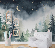 Load image into Gallery viewer, Magical Night Forest Wallpaper Watercolor Woodland Mural with Moon Stars Enchanted Forest Wall Art for Nursery Bedroom or Living Room 666RS