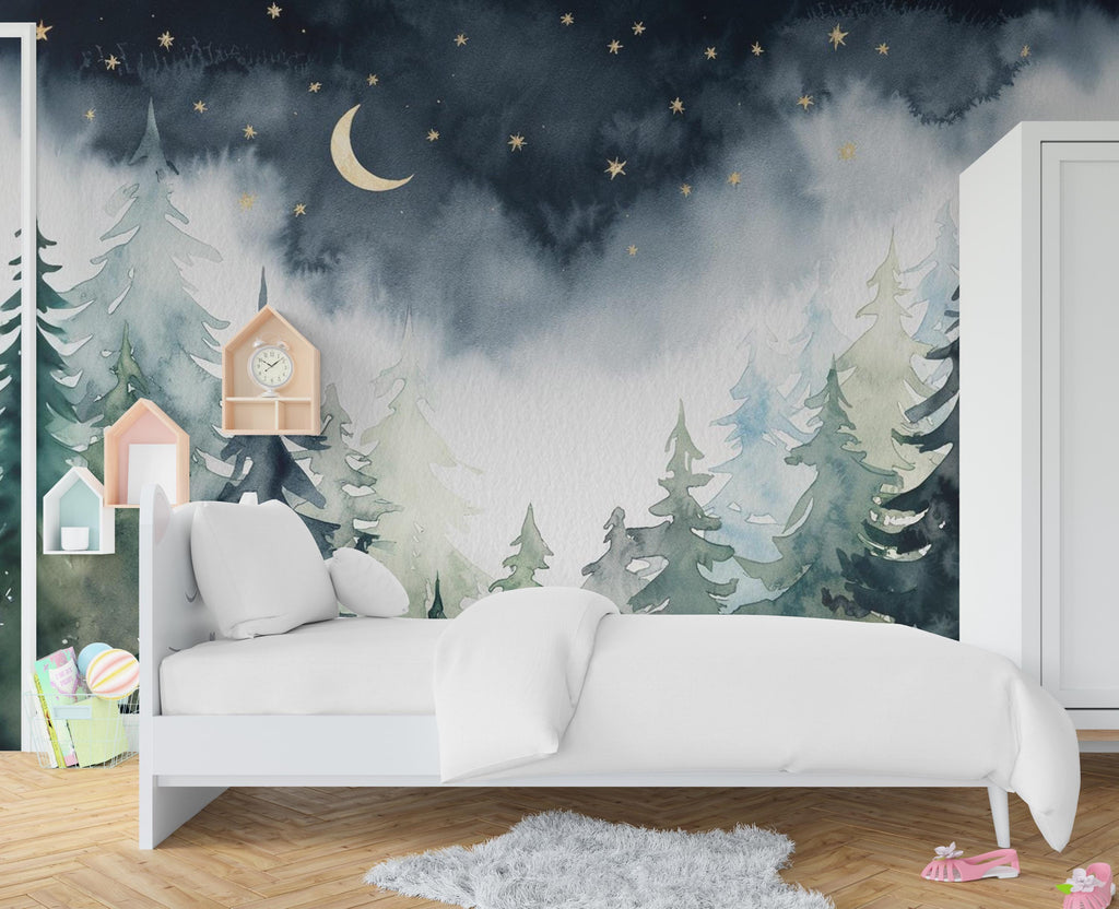 Magical Night Forest Wallpaper Watercolor Woodland Mural with Moon Stars Enchanted Forest Wall Art for Nursery Bedroom or Living Room 666RS