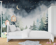 Load image into Gallery viewer, Magical Night Forest Wallpaper Watercolor Woodland Mural with Moon Stars Enchanted Forest Wall Art for Nursery Bedroom or Living Room 666RS