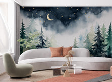 Load image into Gallery viewer, Magical Night Forest Wallpaper Watercolor Woodland Mural with Moon Stars Enchanted Forest Wall Art for Nursery Bedroom or Living Room 666RS
