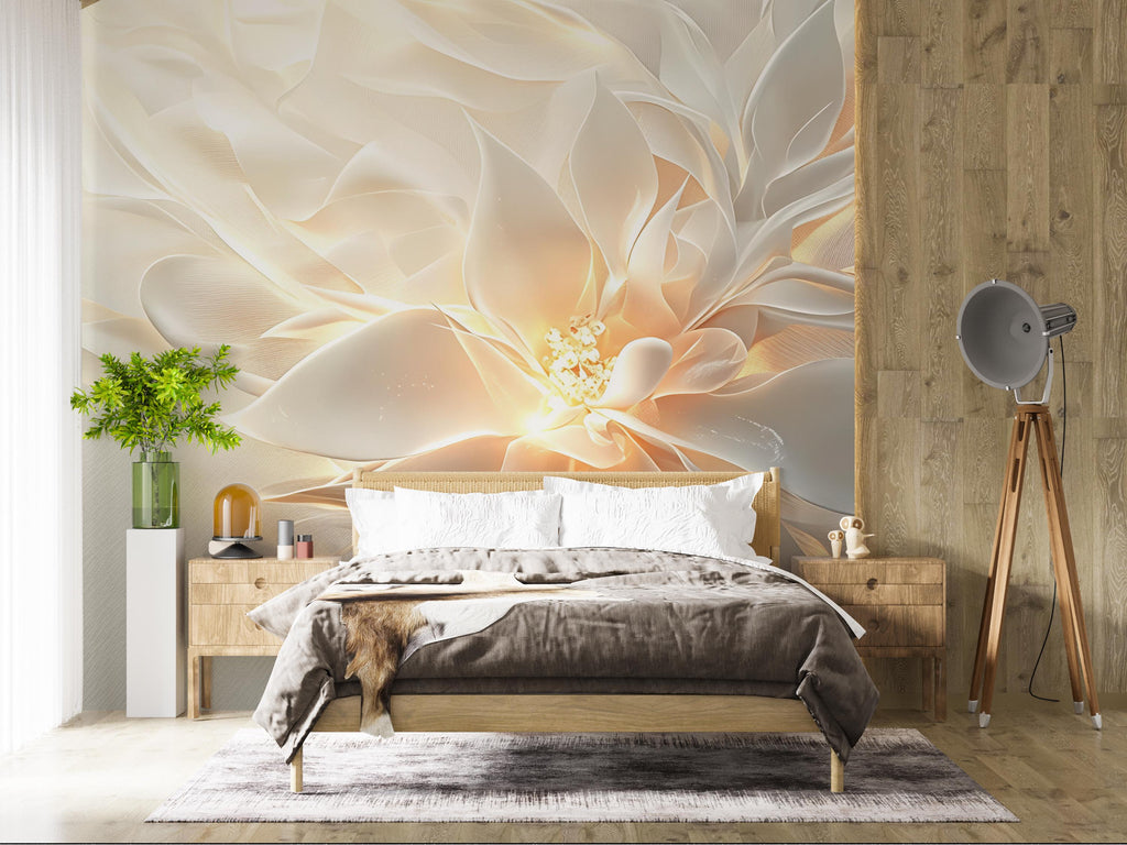 3D Cream Flower Wallpaper – Elegant Peel and Stick Floral Wallpaper for Bedroom, Soft Beige Petal Wall Decor, Modern Bloom Mural