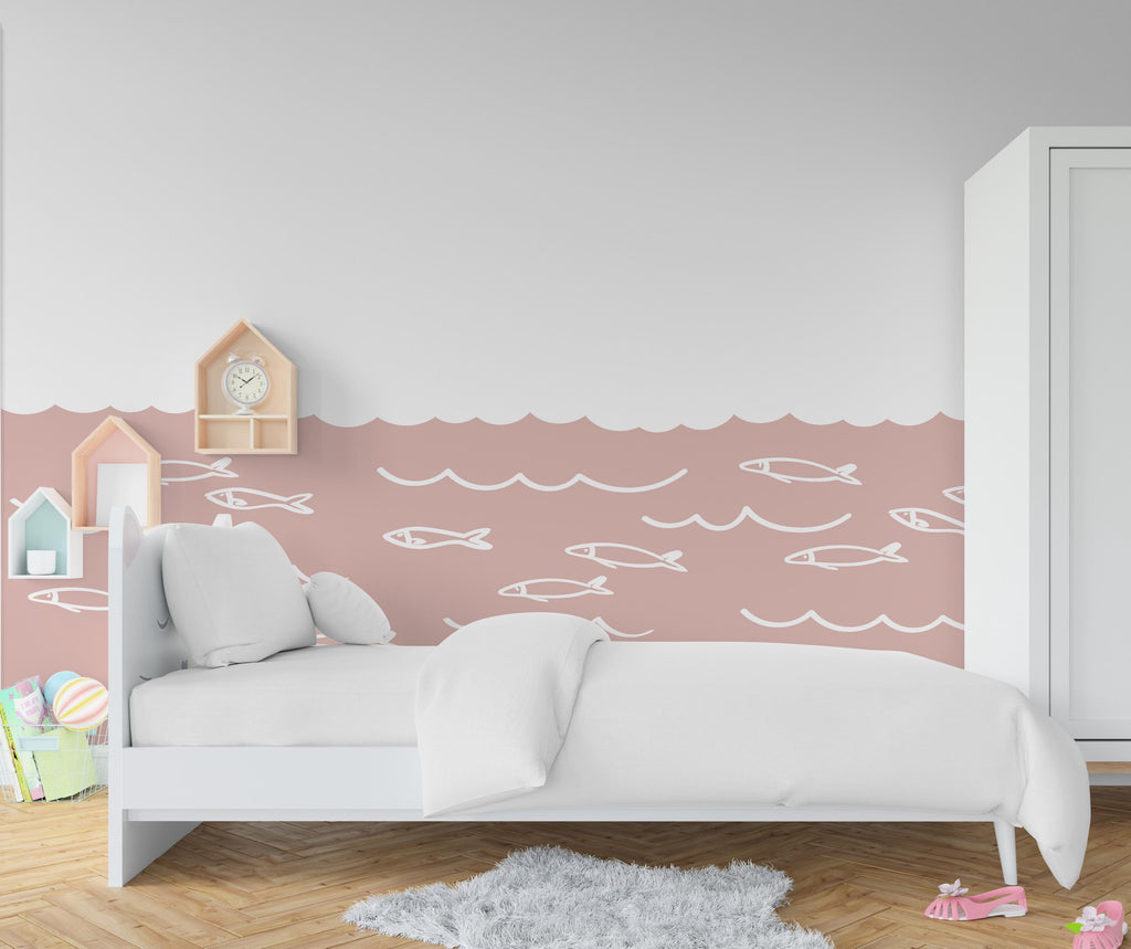 Scalloped Wall Decal, Fish Sea Decals, Boho Wall Decor Decal Nursery, Scalloped Half Wall, Fish Aquarium Wallpaper, Border Wall Decal 656LU