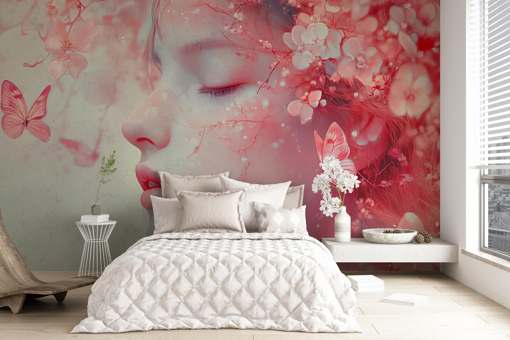 Dreamy Floral Face Wallpaper – Pink Cherry Blossom Girl Portrait Wallpaper | Romantic Peel-and-Stick Vinyl Décor for Bedroom or Studio