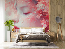 Load image into Gallery viewer, Dreamy Floral Face Wallpaper – Pink Cherry Blossom Girl Portrait Wallpaper | Romantic Peel-and-Stick Vinyl Décor for Bedroom or Studio