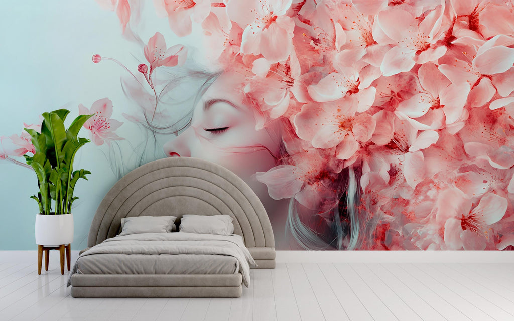 Cherry Blossom Girl Wallpaper – Romantic Face & Flowers Wallpaper | Elegant Peel-and-Stick Floral Art for Bedroom or Studio