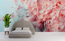 Load image into Gallery viewer, Cherry Blossom Girl Wallpaper – Romantic Face &amp; Flowers Wallpaper | Elegant Peel-and-Stick Floral Art for Bedroom or Studio
