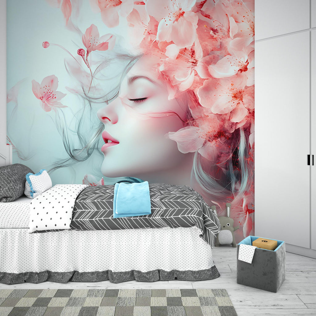 Cherry Blossom Girl Wallpaper – Romantic Face & Flowers Wallpaper | Elegant Peel-and-Stick Floral Art for Bedroom or Studio