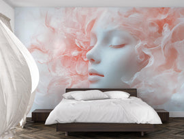 Dreamy Surreal Woman Face Wallpaper – Soft Pink Cloud Hair Peel-and-Stick Wallpaper | Feminine Art Bedroom Decor