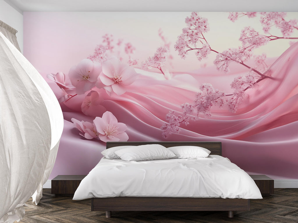 Romantic Pink Cherry Blossom Wallpaper – Japanese Sakura Floral Wallpaper, Peel and Stick Bedroom Decor, Soft Spring Garden Scene