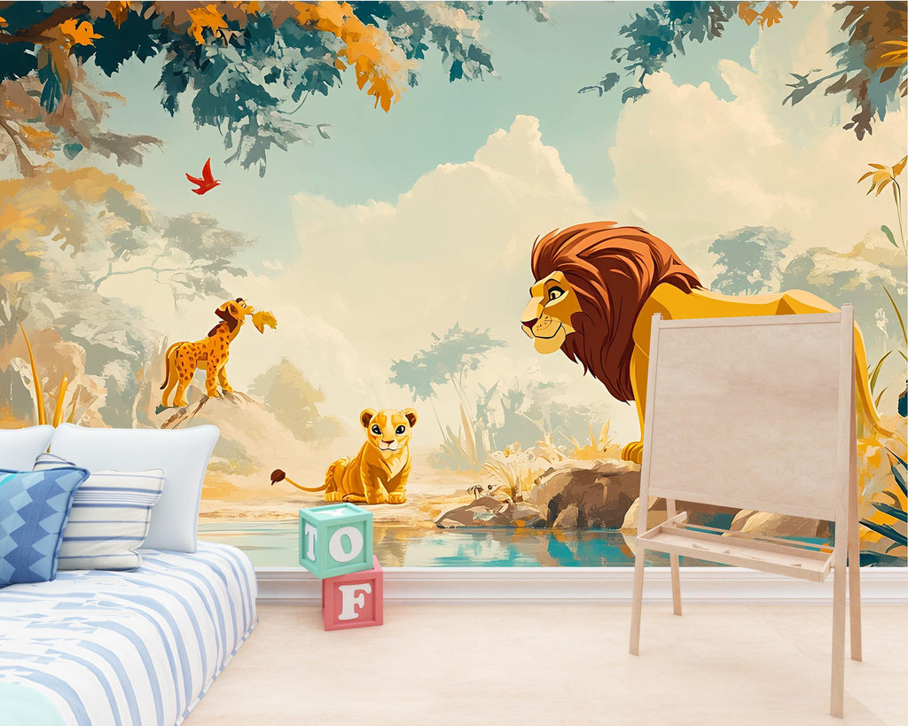 Cartoon Lion Jungle Safari Wallpaper – Kids Room Vinyl Wallpaper | Nursery Jungle Animal Wall Decal | Peel and Stick or Traditional