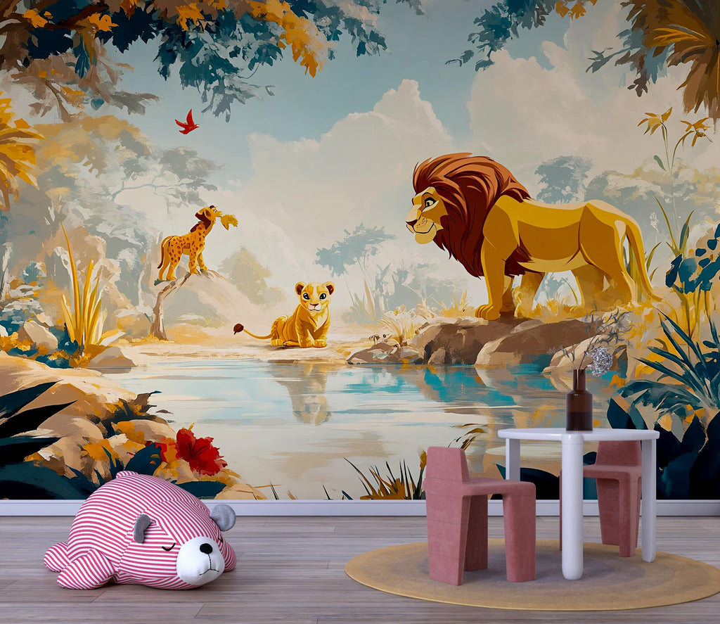Cartoon Lion Jungle Safari Wallpaper – Kids Room Vinyl Wallpaper | Nursery Jungle Animal Wall Decal | Peel and Stick or Traditional
