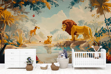 Load image into Gallery viewer, Cartoon Lion Jungle Safari Wallpaper – Kids Room Vinyl Wallpaper | Nursery Jungle Animal Wall Decal | Peel and Stick or Traditional
