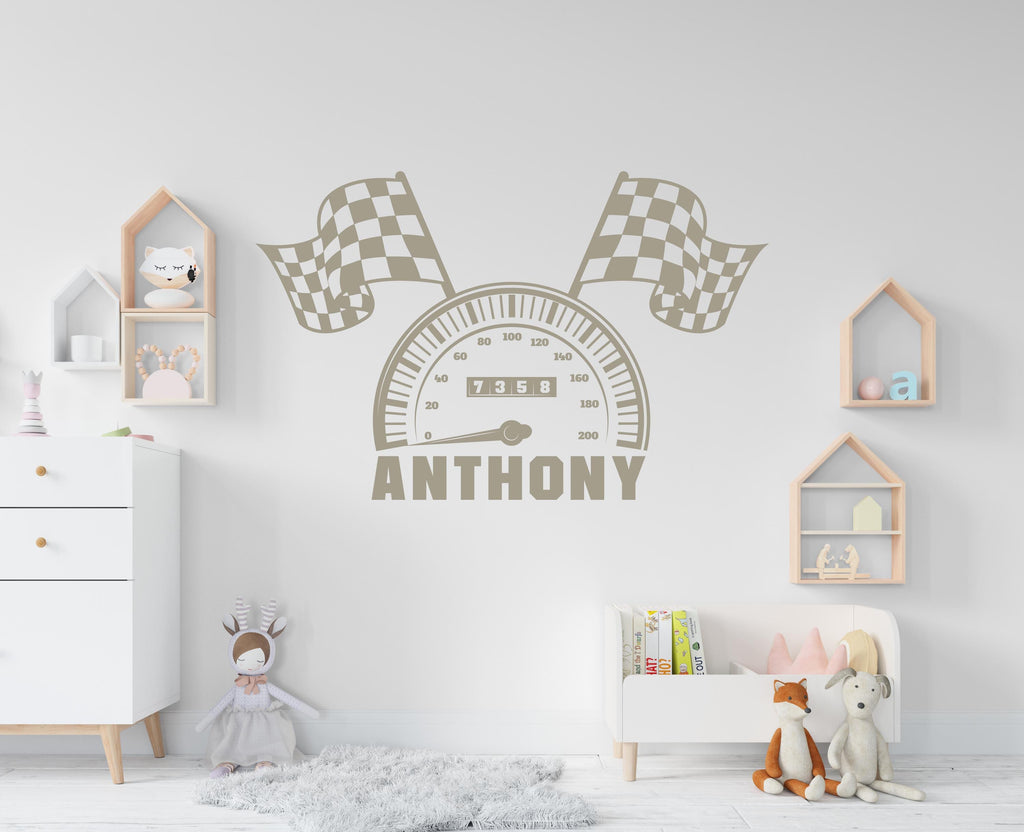 Racing Flag speedometer Wall Decal Highway Vinyl Sticker Custom Name Track Wall Decor Kids Playroom Boys Room Wall Art Bedroom Sticker 681RS