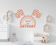 Load image into Gallery viewer, Racing Flag speedometer Wall Decal Highway Vinyl Sticker Custom Name Track Wall Decor Kids Playroom Boys Room Wall Art Bedroom Sticker 681RS