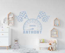 Load image into Gallery viewer, Racing Flag speedometer Wall Decal Highway Vinyl Sticker Custom Name Track Wall Decor Kids Playroom Boys Room Wall Art Bedroom Sticker 681RS