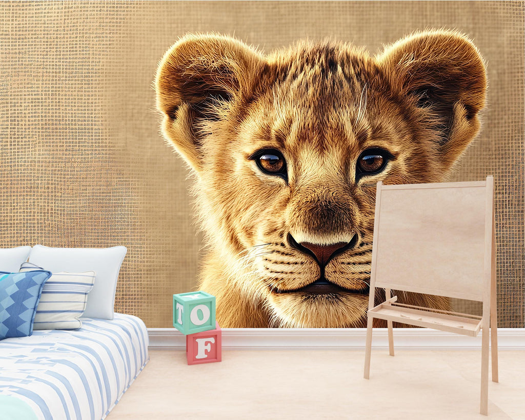 Lion Cub Wall Mural – Safari Nursery Wallpaper – Adorable Baby Lion Jungle Wall Art for Kids' Room – Peel and Stick or Traditional