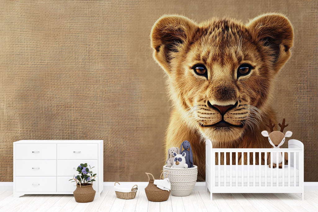 Lion Cub Wall Mural – Safari Nursery Wallpaper – Adorable Baby Lion Jungle Wall Art for Kids' Room – Peel and Stick or Traditional