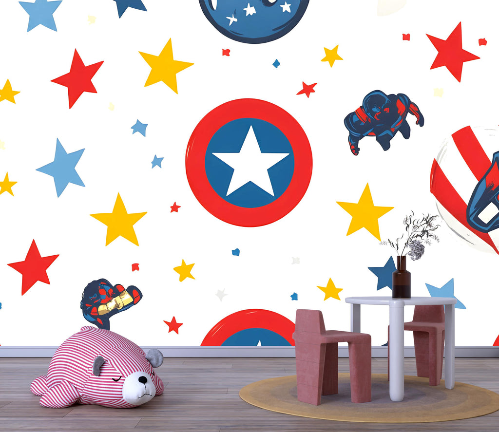 Superhero Nursery Wall Mural – Kids Room Wallpaper – Captain Star Shield Peel and Stick or Traditional Wall Mural – Boys Room Decor – Comic