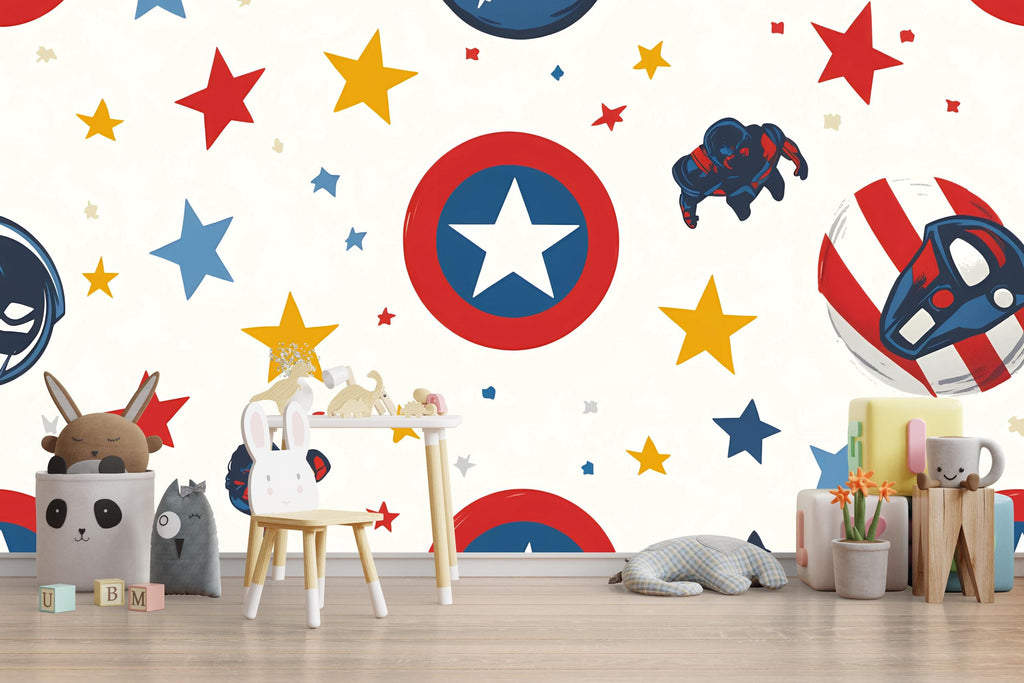Superhero Nursery Wall Mural – Kids Room Wallpaper – Captain Star Shield Peel and Stick or Traditional Wall Mural – Boys Room Decor – Comic