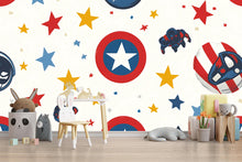 Load image into Gallery viewer, Superhero Nursery Wall Mural – Kids Room Wallpaper – Captain Star Shield Peel and Stick or Traditional Wall Mural – Boys Room Decor – Comic