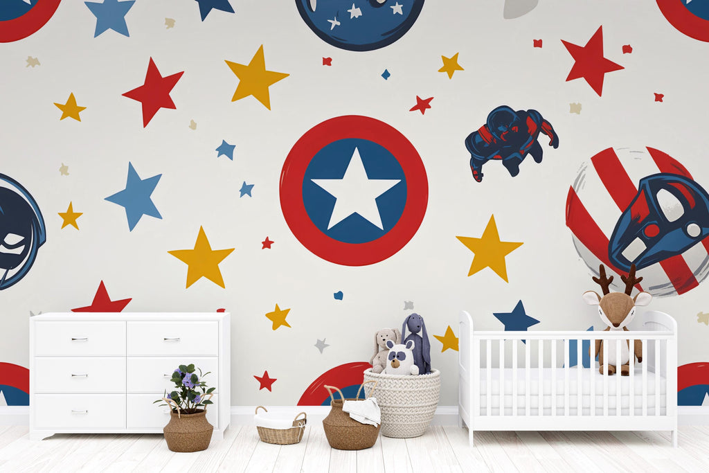 Superhero Nursery Wall Mural – Kids Room Wallpaper – Captain Star Shield Peel and Stick or Traditional Wall Mural – Boys Room Decor – Comic