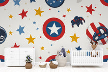 Load image into Gallery viewer, Superhero Nursery Wall Mural – Kids Room Wallpaper – Captain Star Shield Peel and Stick or Traditional Wall Mural – Boys Room Decor – Comic
