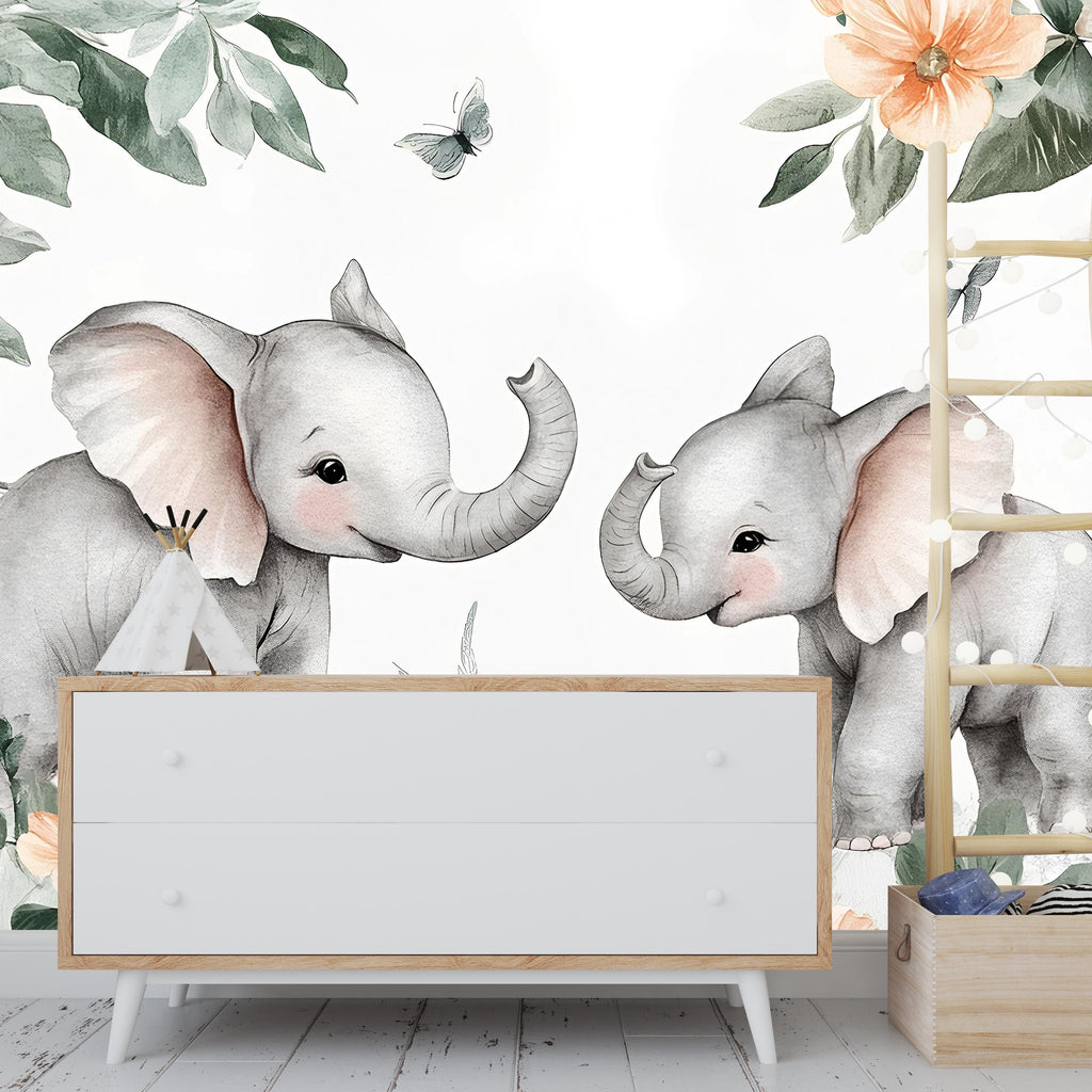 Elephant Nursery Wall Mural – Cute Baby Elephant Wallpaper – Jungle Safari Peel and Stick Wall Art – Nursery Decor – Removable Kids Wall