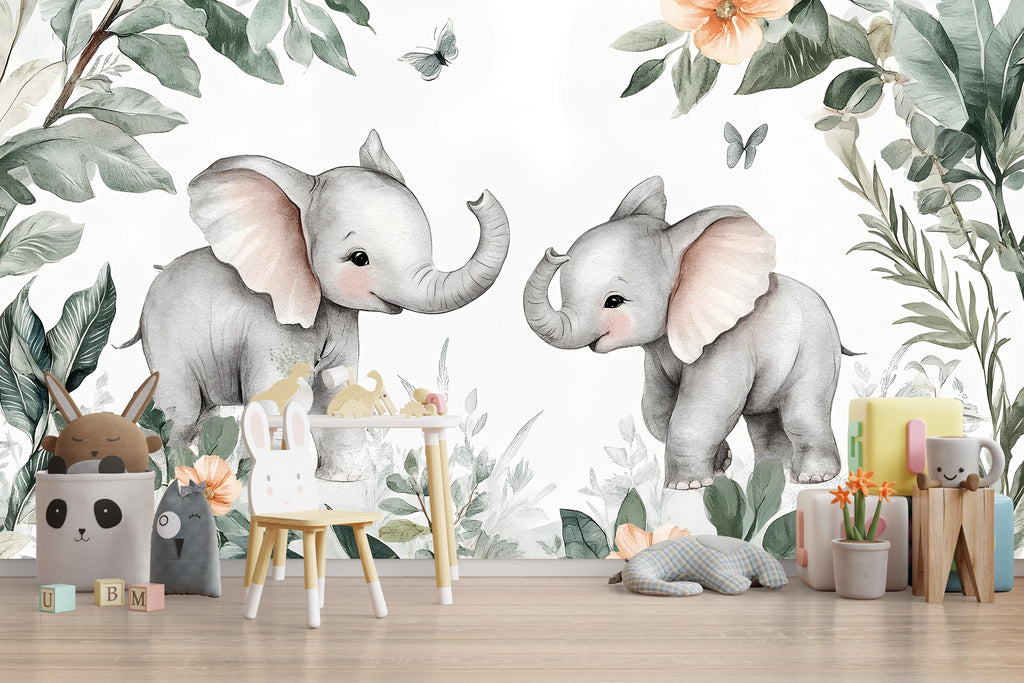 Elephant Nursery Wall Mural – Cute Baby Elephant Wallpaper – Jungle Safari Peel and Stick Wall Art – Nursery Decor – Removable Kids Wall