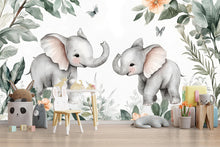 Load image into Gallery viewer, Elephant Nursery Wall Mural – Cute Baby Elephant Wallpaper – Jungle Safari Peel and Stick Wall Art – Nursery Decor – Removable Kids Wall