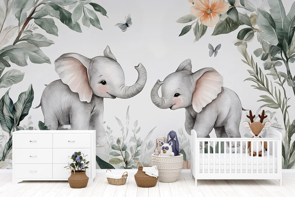 Elephant Nursery Wall Mural – Cute Baby Elephant Wallpaper – Jungle Safari Peel and Stick Wall Art – Nursery Decor – Removable Kids Wall