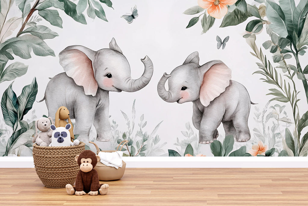 Elephant Nursery Wall Mural – Cute Baby Elephant Wallpaper – Jungle Safari Peel and Stick Wall Art – Nursery Decor – Removable Kids Wall