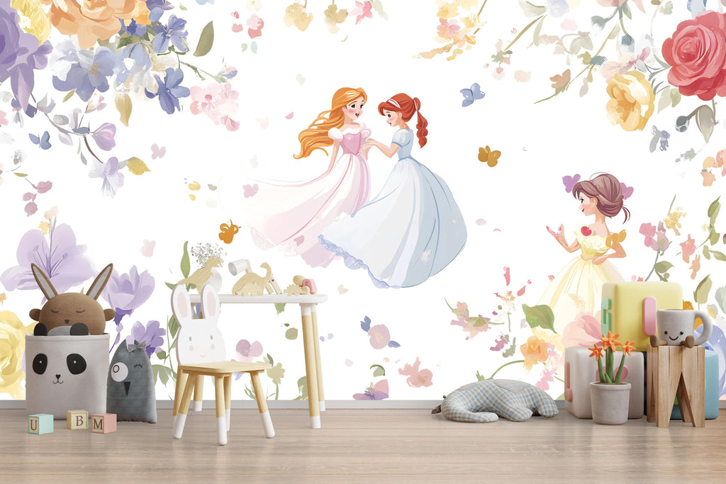 Princess Wall Mural for Girls – Fairy Tale Nursery Wallpaper – Floral Princess Theme – Peel and Stick Removable Mural – Kids Room Decor