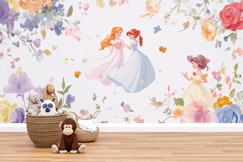 Princess Wall Mural for Girls – Fairy Tale Nursery Wallpaper – Floral Princess Theme – Peel and Stick Removable Mural – Kids Room Decor