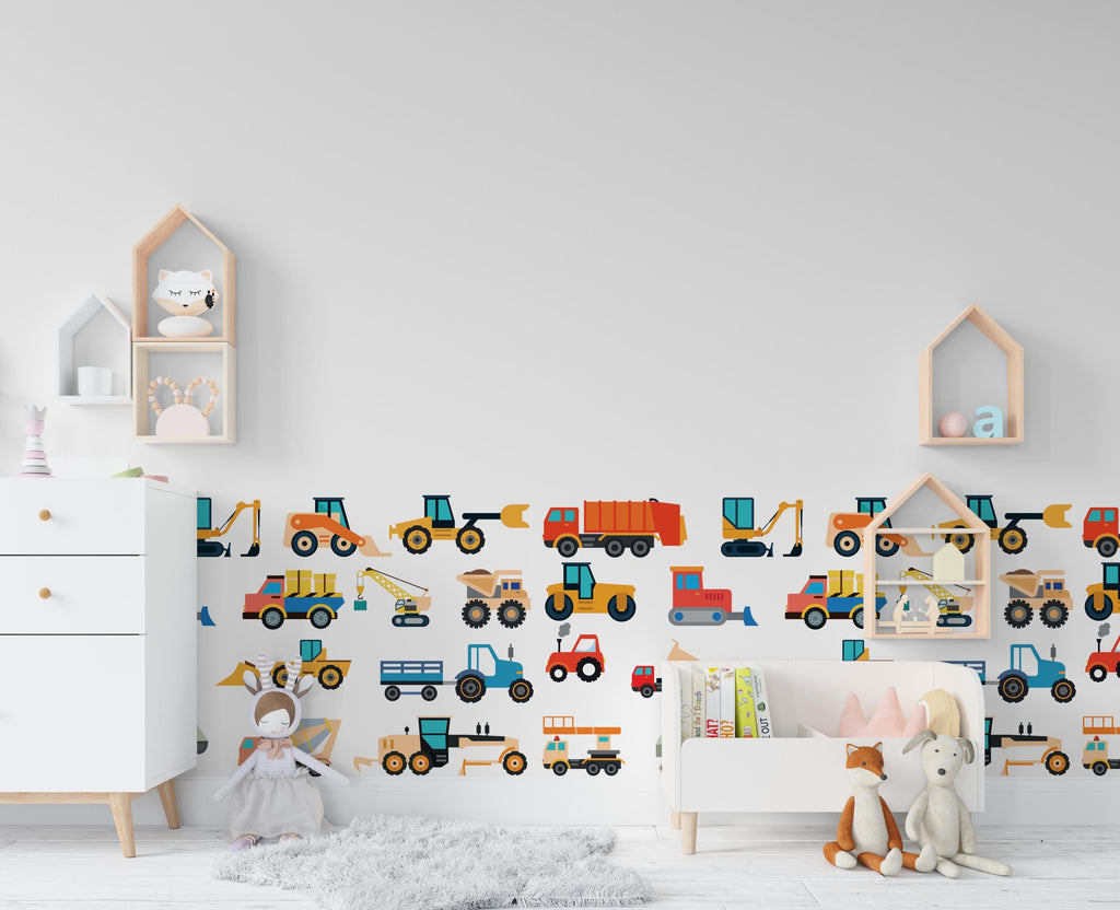 Truck Wall Decals - Construction Truck wall Nursery Decor, Half Border Wall Art, Kids Room Decal, Boys Room Truck Themed Nursery Decor 659LU