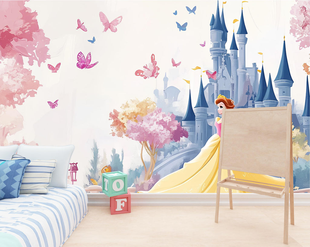 Princess Wall Mural for Girls – Fairy Tale Nursery Wallpaper – Floral Princess Theme – Peel and Stick Removable Mural – Kids Room Decor