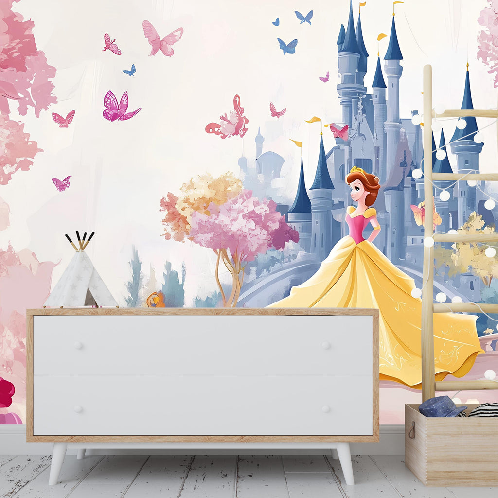 Princess Wall Mural for Girls – Fairy Tale Nursery Wallpaper – Floral Princess Theme – Peel and Stick Removable Mural – Kids Room Decor