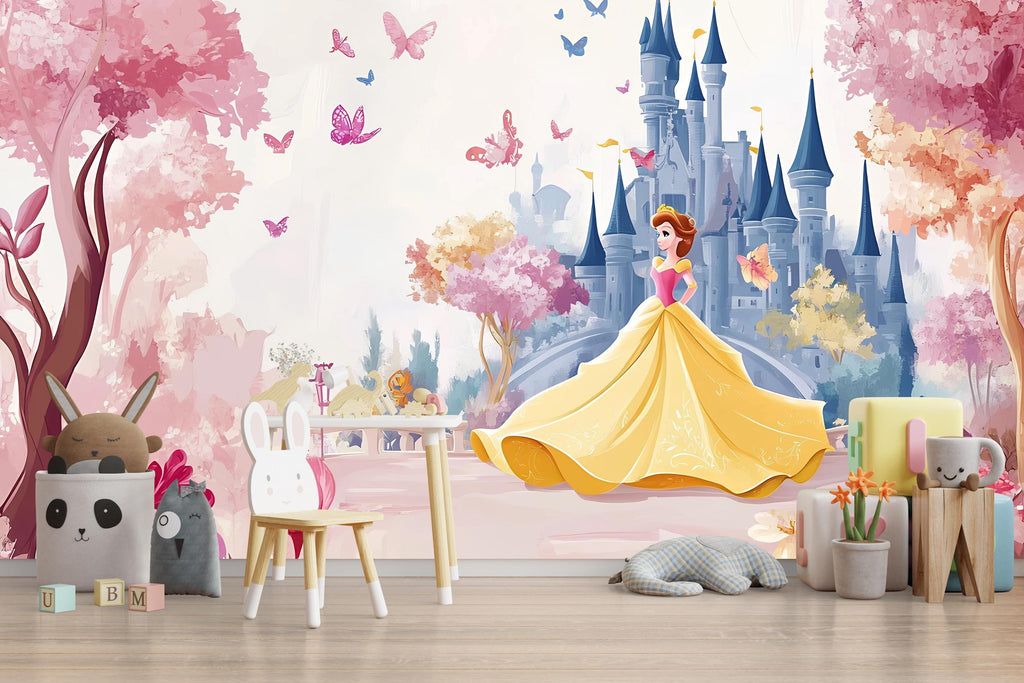 Princess Wall Mural for Girls – Fairy Tale Nursery Wallpaper – Floral Princess Theme – Peel and Stick Removable Mural – Kids Room Decor