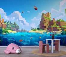 Load image into Gallery viewer, Blocks Ocean Wall Mural for Kids – Pixel Art Adventure Room Decor – Boys Bedroom Wallpaper – Peel and Stick Wall Art