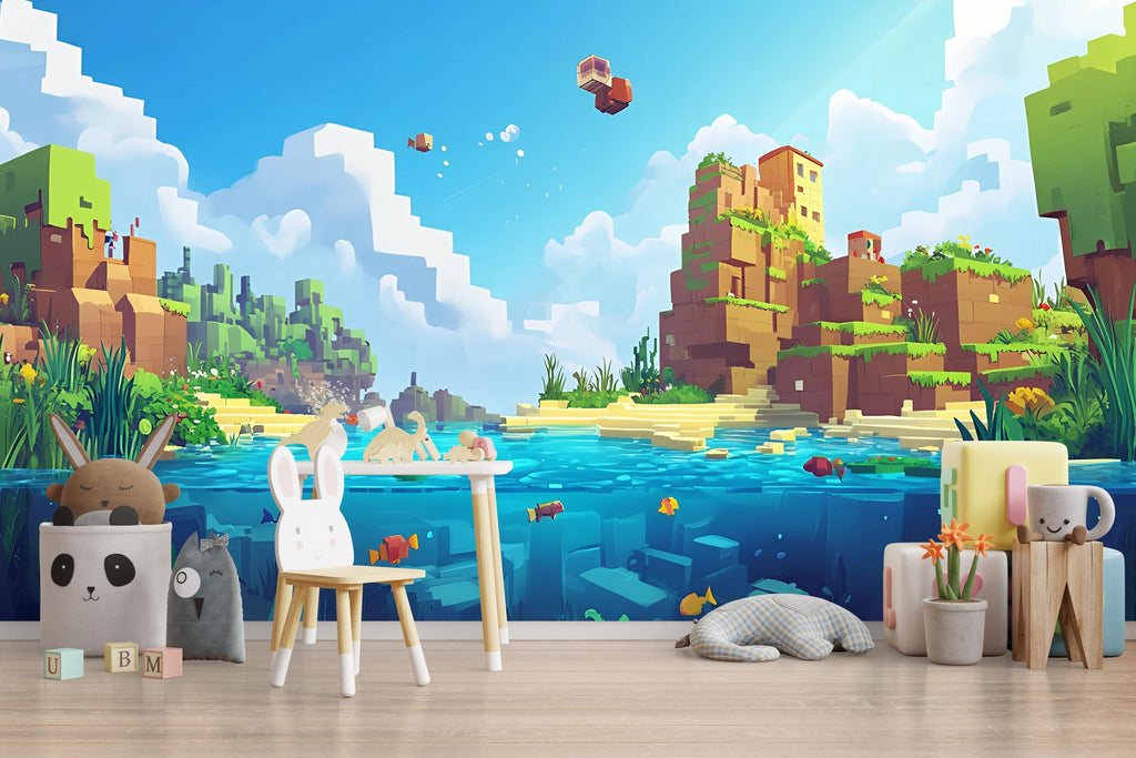 Blocks Ocean Wall Mural for Kids – Pixel Art Adventure Room Decor – Boys Bedroom Wallpaper – Peel and Stick Wall Art