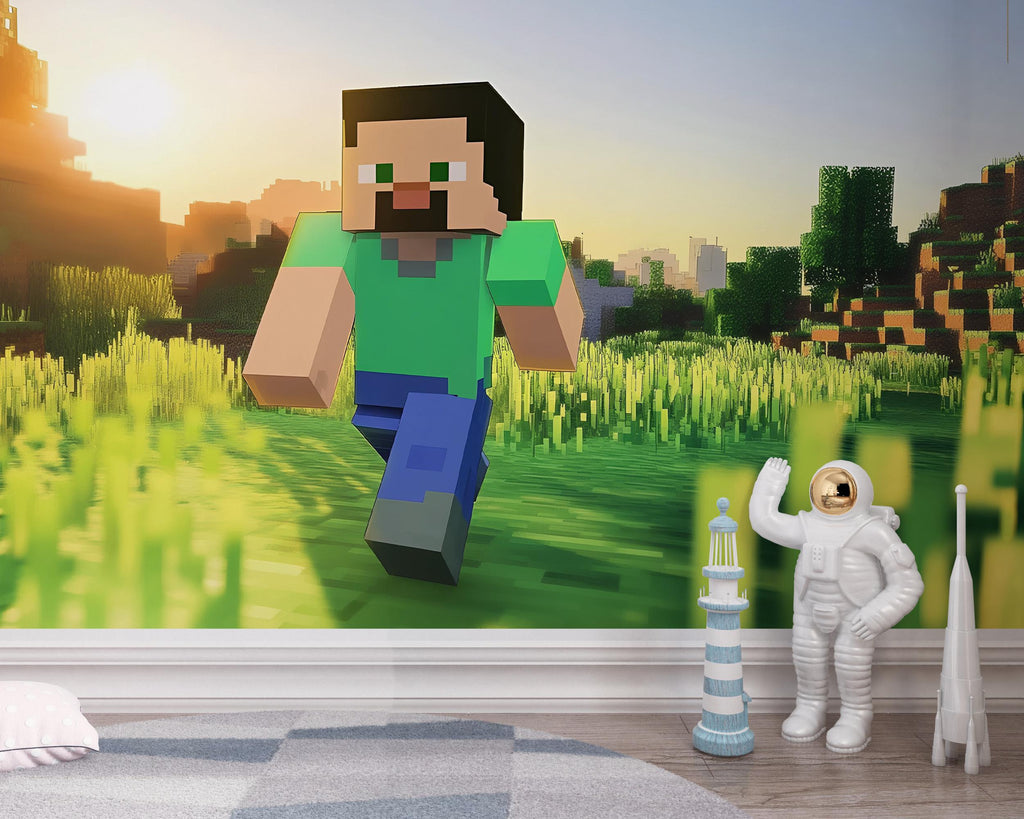 Gaming Character Wall Mural – Steve Adventure Wallpaper – Kids Gaming Room Decor – Pixel Art Peel and Stick Wall Art