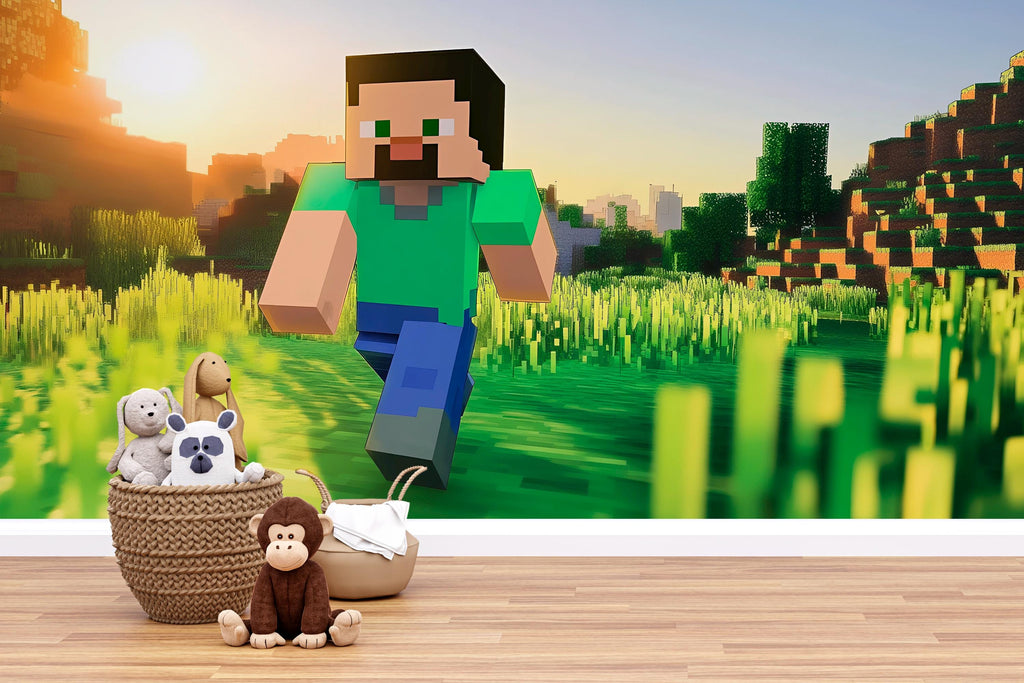 Gaming Character Wall Mural – Steve Adventure Wallpaper – Kids Gaming Room Decor – Pixel Art Peel and Stick Wall Art