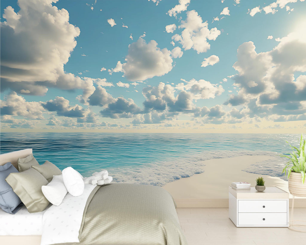 Ocean Beach Wall Mural – Tranquil Sky and Sea Wallpaper – Coastal Bedroom Decor – Beach Horizon Peel and Stick Mural